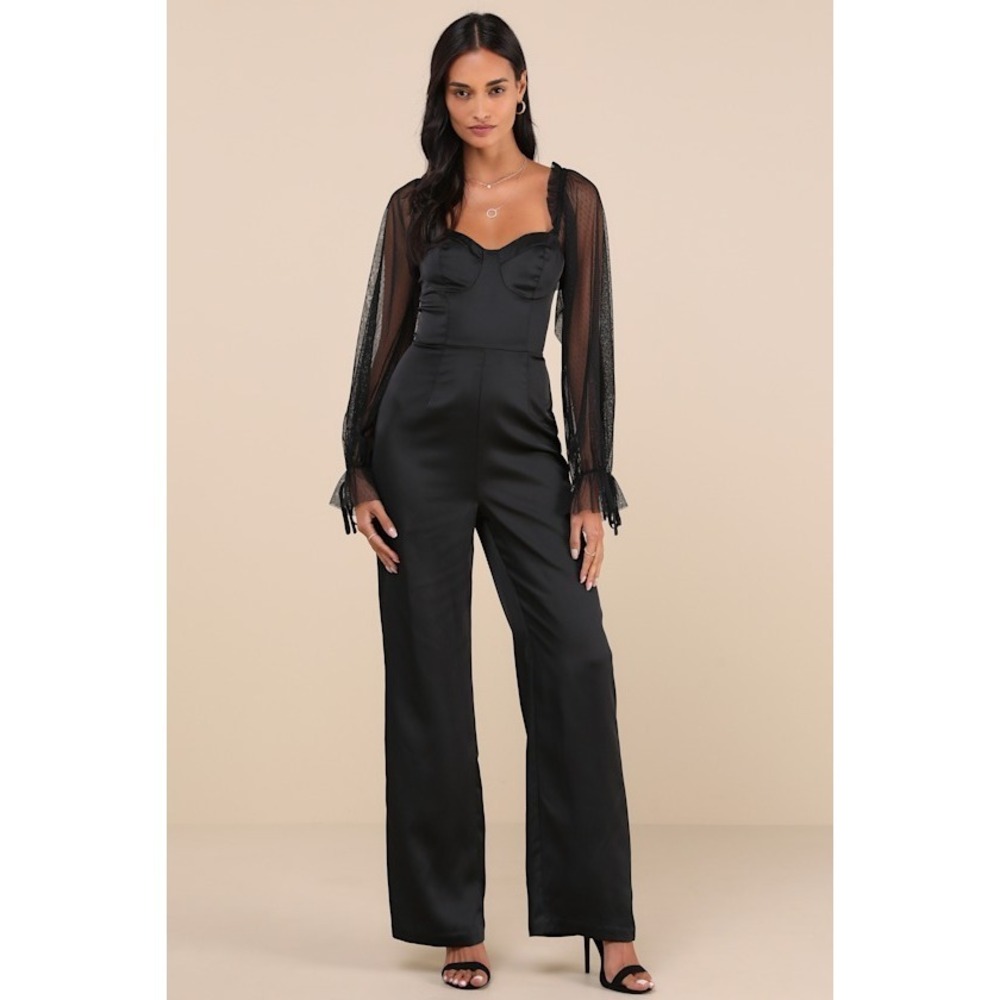 Lulus Gracefully Modern Black Satin Mesh Long Sleeve Bustier Jumpsuit - Size M